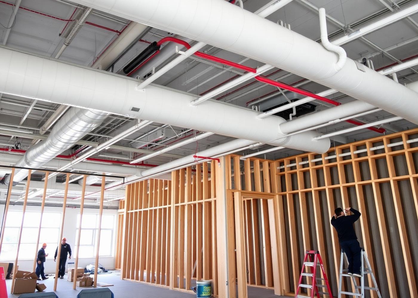 Commercial tenant build-out under construction with framing and overhead mechanical systems