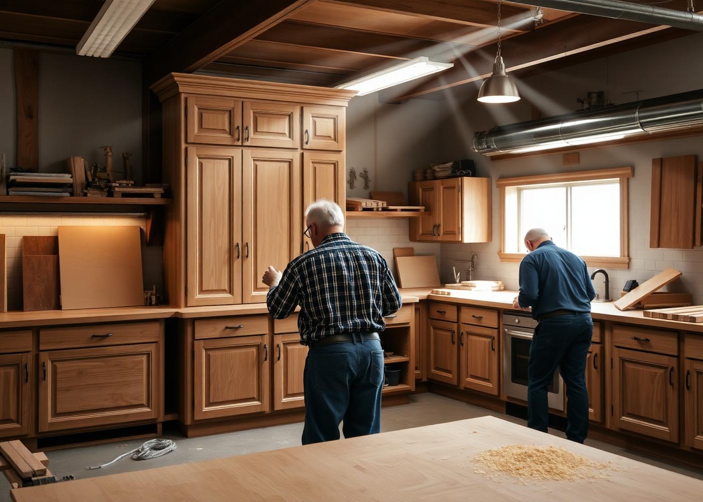 Craftsmen finishing custom cabinetry in a millwork shop