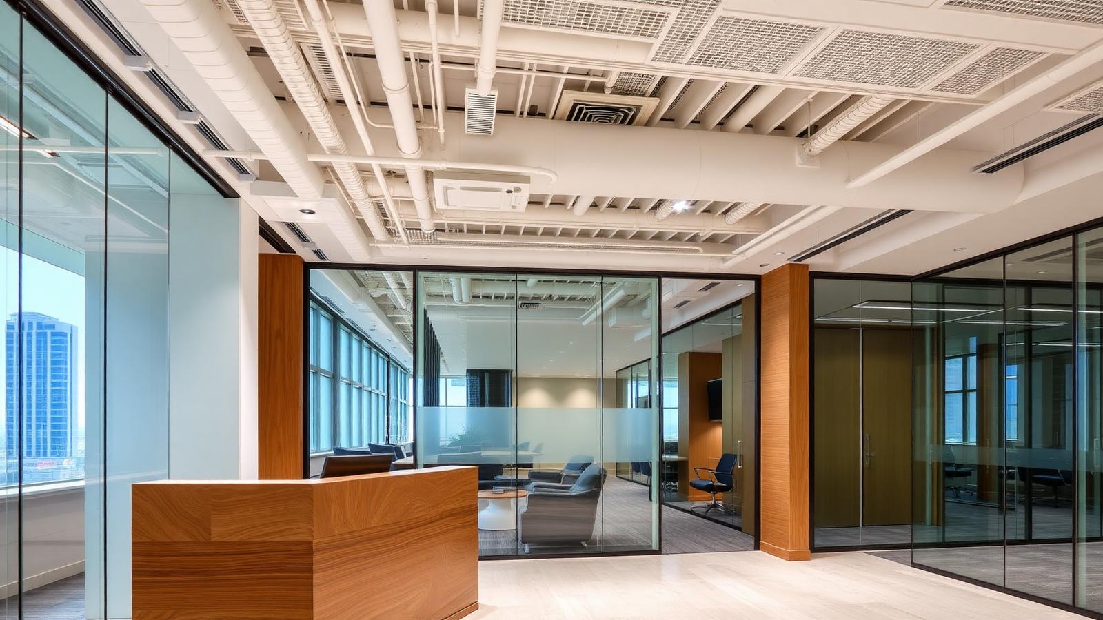 Completed high-end commercial office interior with glass partitions and wood reception
