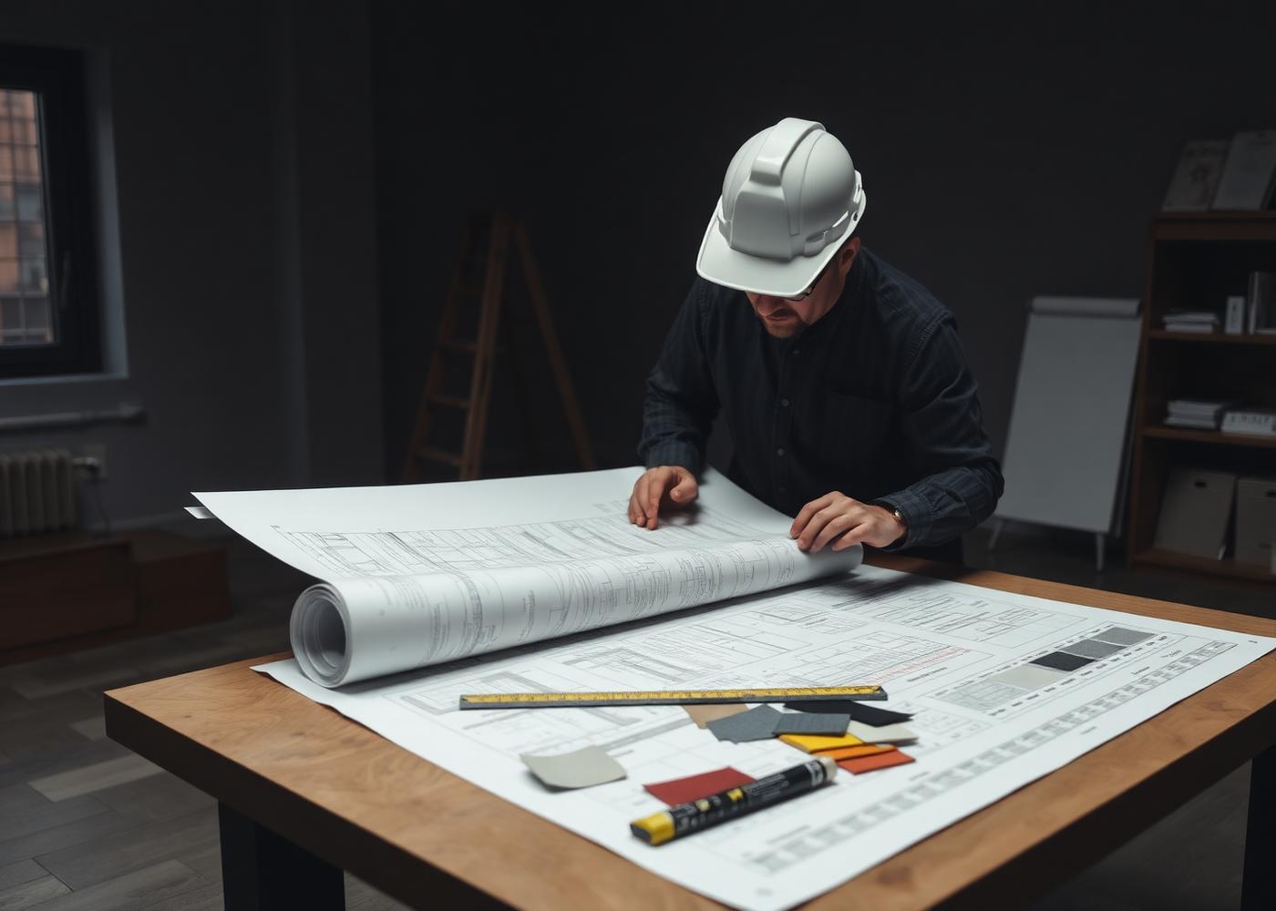 Builder reviewing construction drawings and material samples for a luxury project