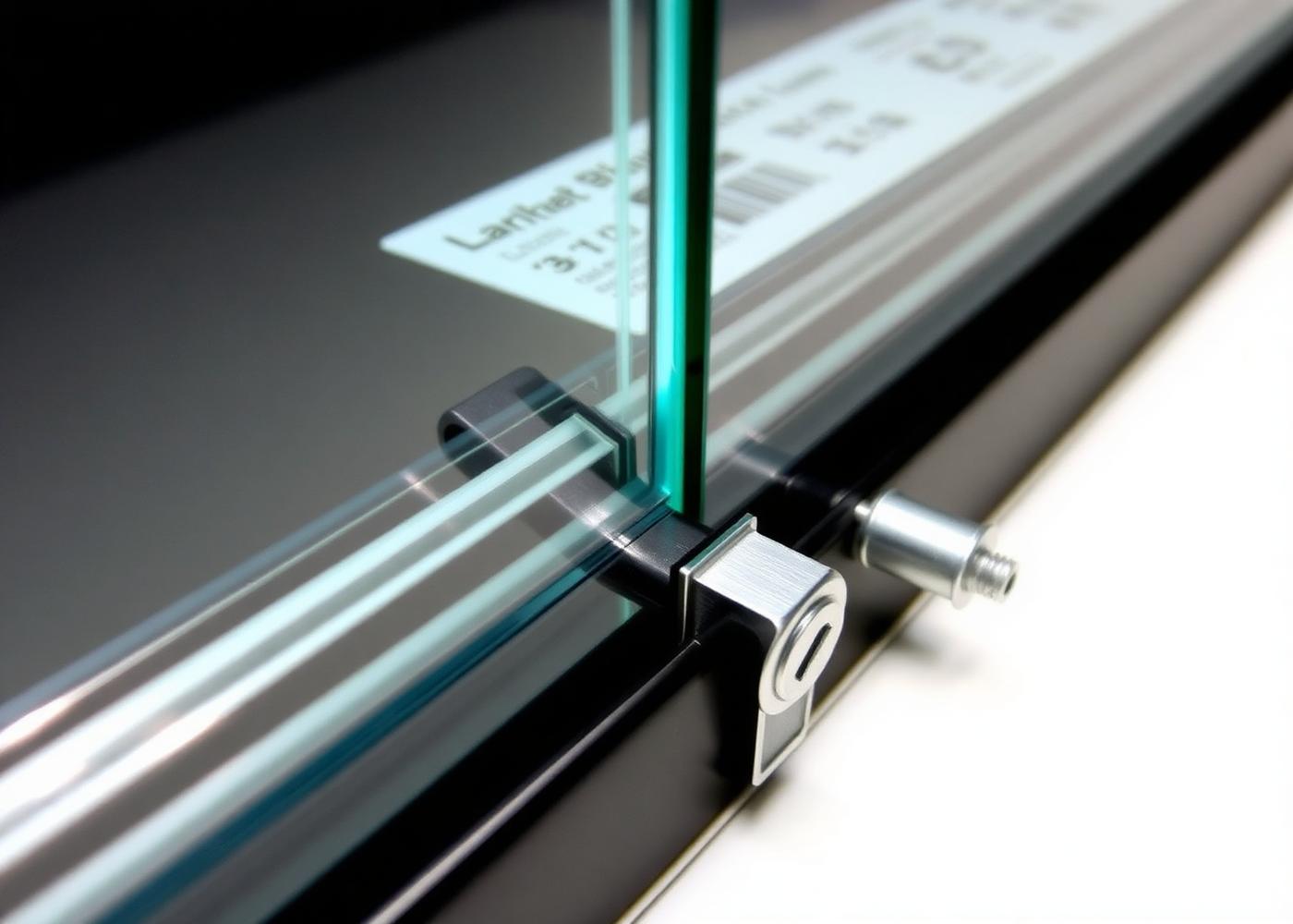 Close-up of laminated impact-resistant glass edge, interlayer and aluminum frame