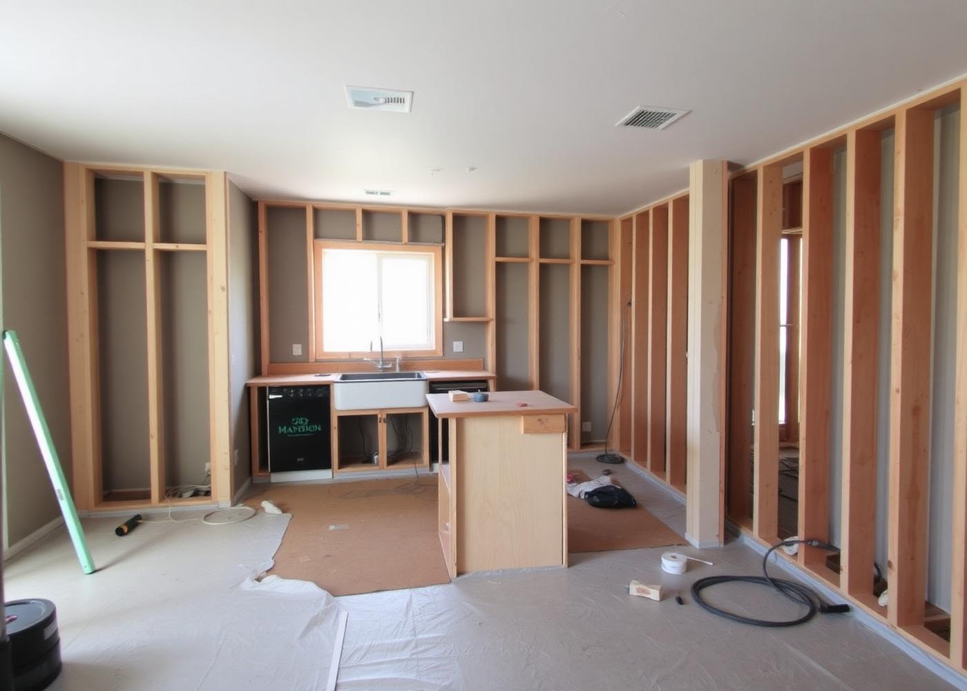Kitchen renovation stripped to framing with protected floors and rough plumbing