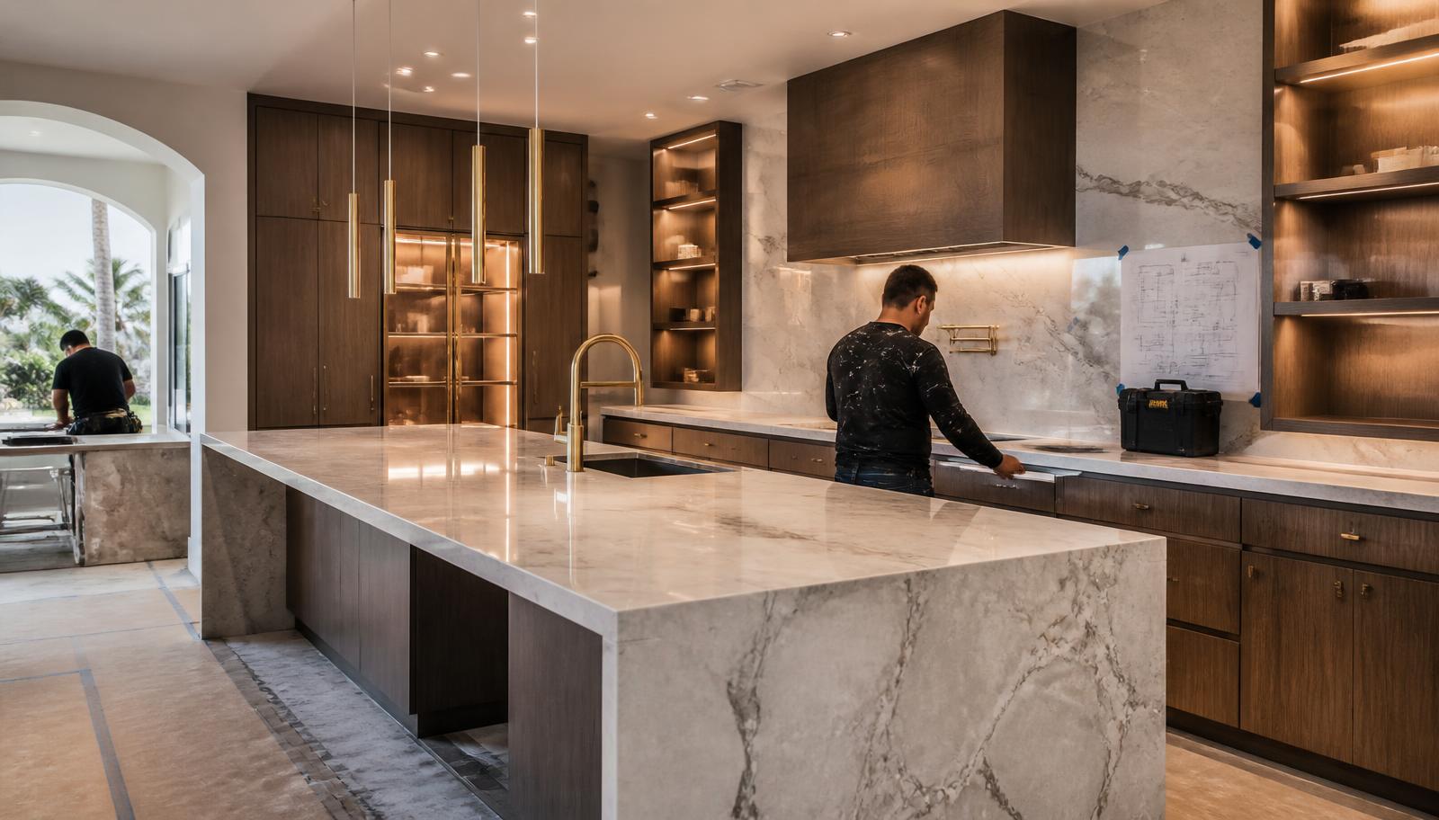 Luxury kitchen renovation in progress with stone countertops and custom millwork