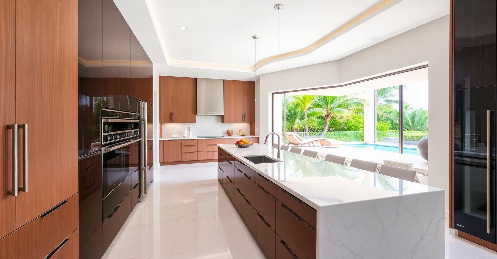 Luxury modern kitchen with marble island and tropical view in a South Florida home