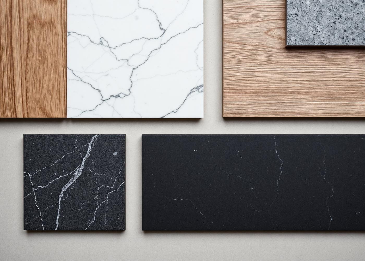 Marble, stone and wood material samples for a luxury home specification