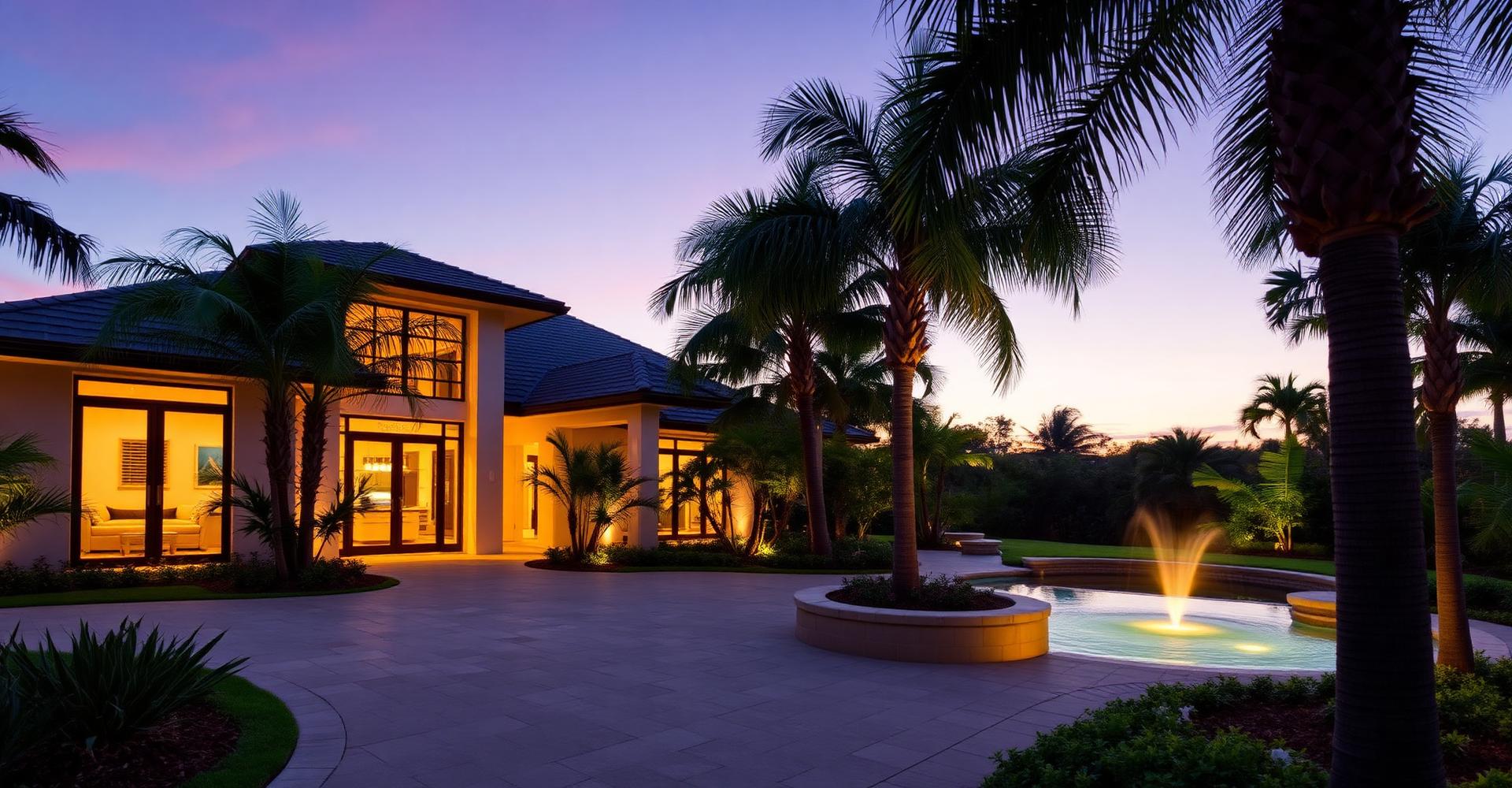 Contemporary tropical modern Florida residence illuminated at dusk