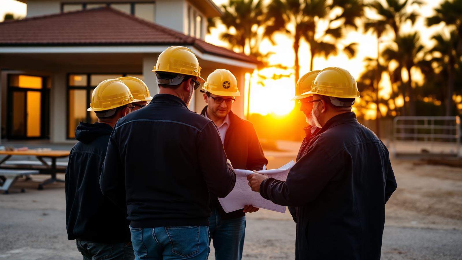 Construction team reviewing plans on a luxury residential jobsite at sunset