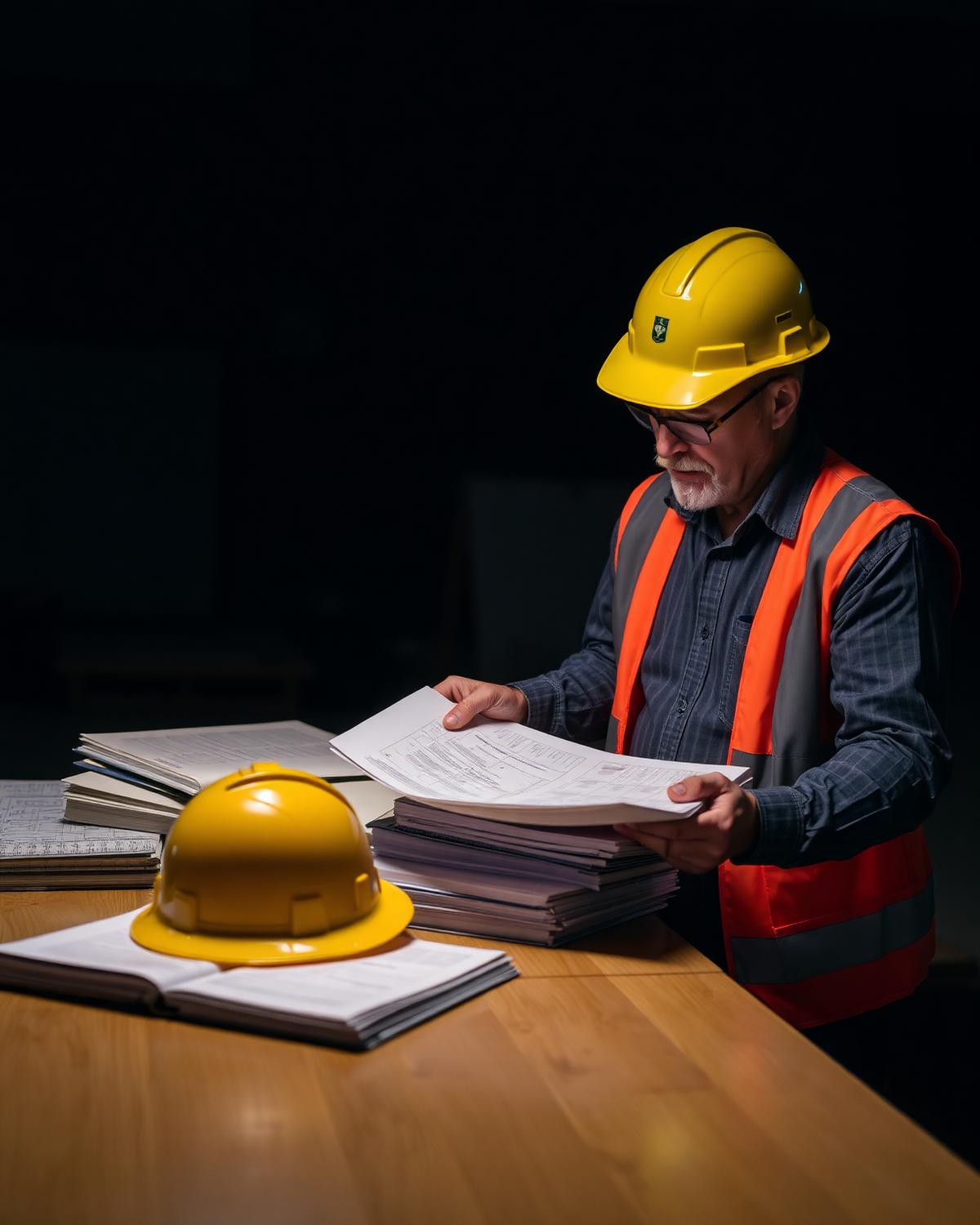 Building official reviewing permit drawings and code documents