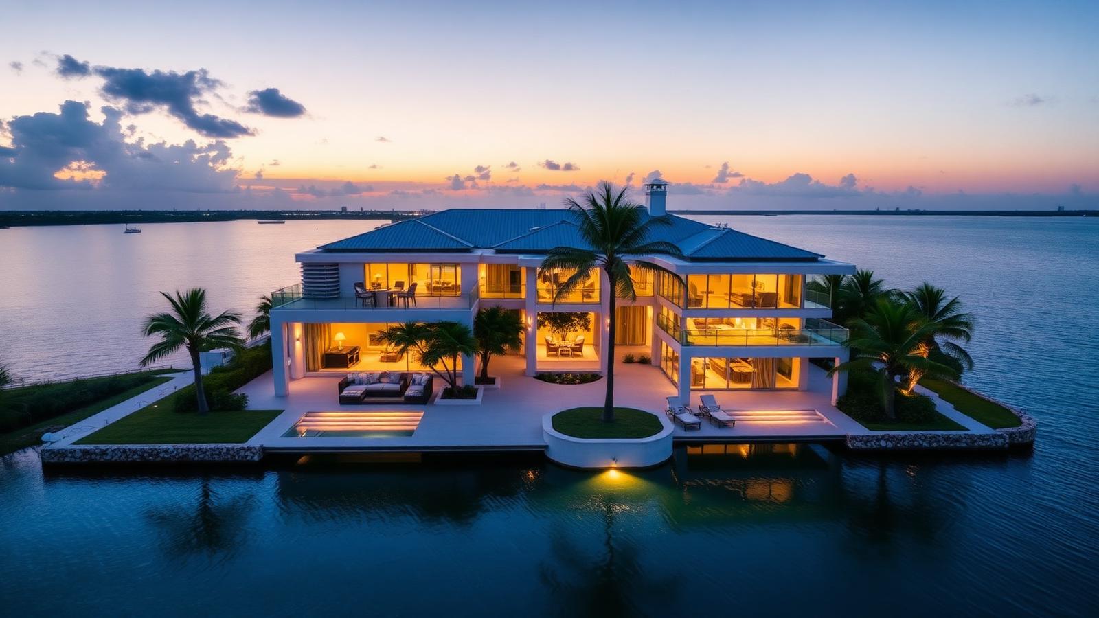 Modern luxury waterfront estate in Palm Beach County at twilight