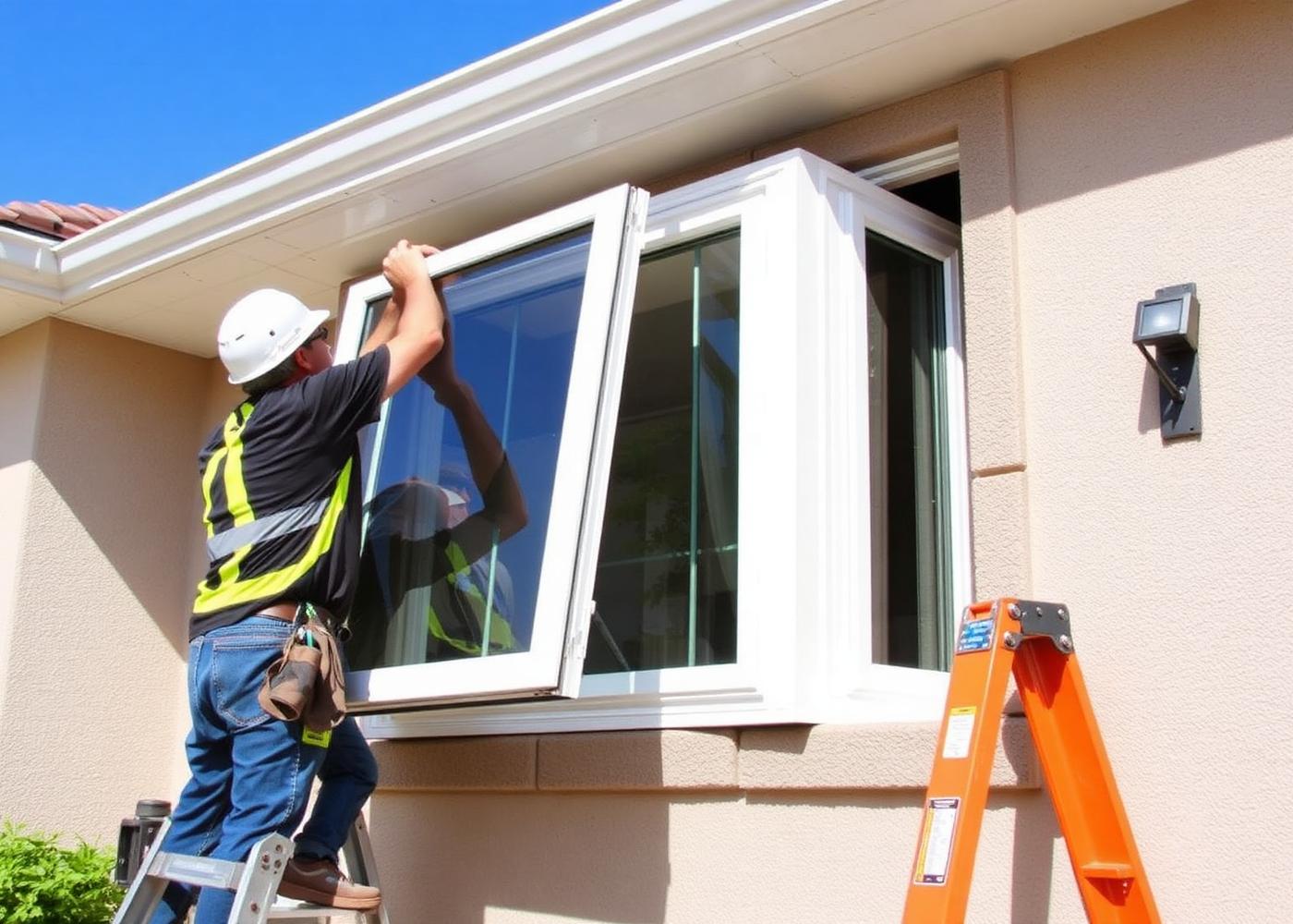 Crew installing a large impact-rated window unit into a concrete opening